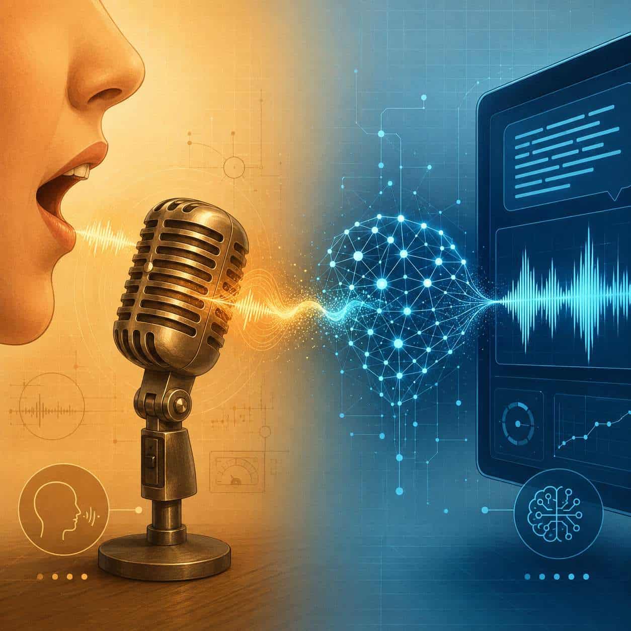 () illustration showing a split-screen comparison: on the left side, a human mouth speaking into a vintage microphone with