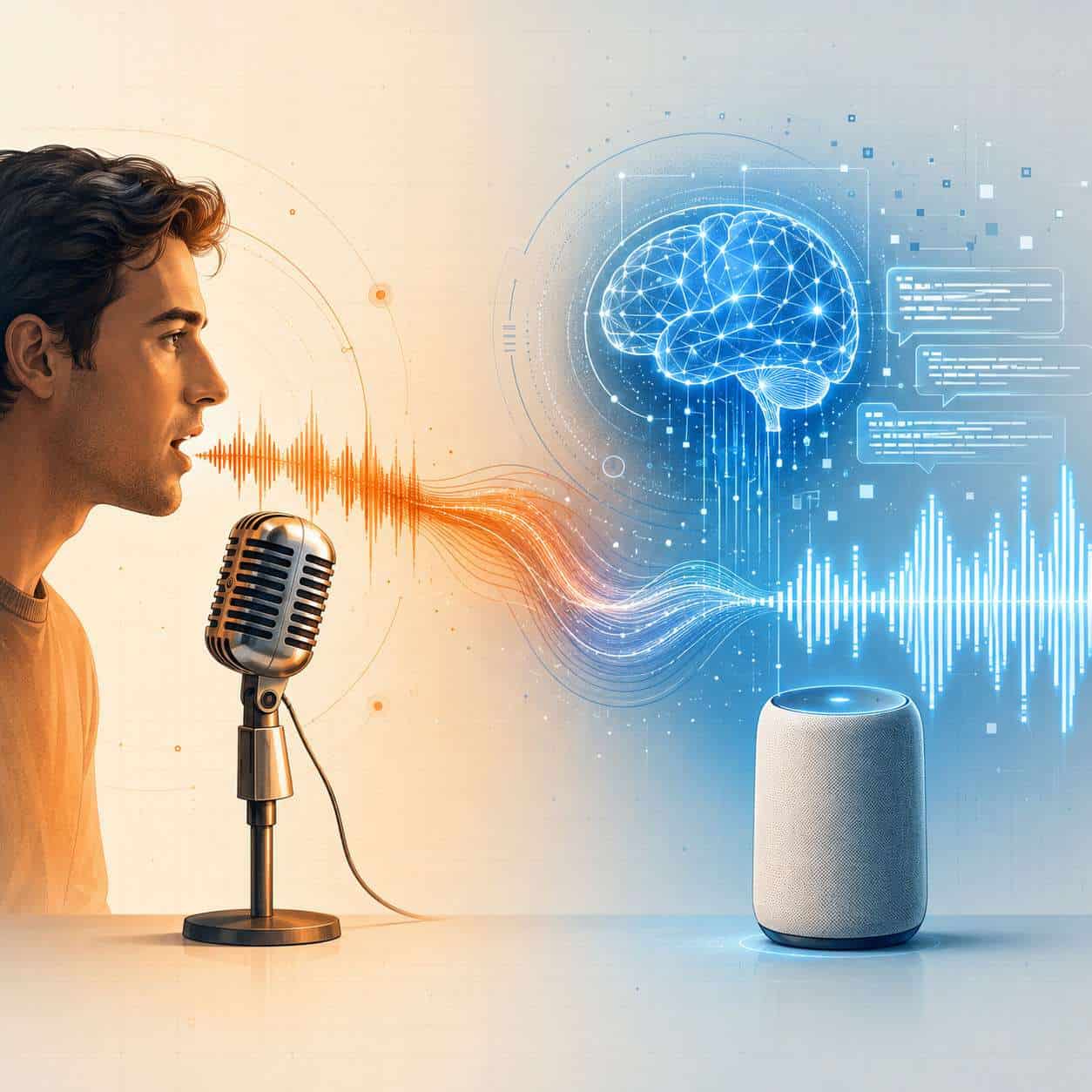 () illustration showing a split-screen comparison: on the left side a human speaking into a vintage microphone with visible