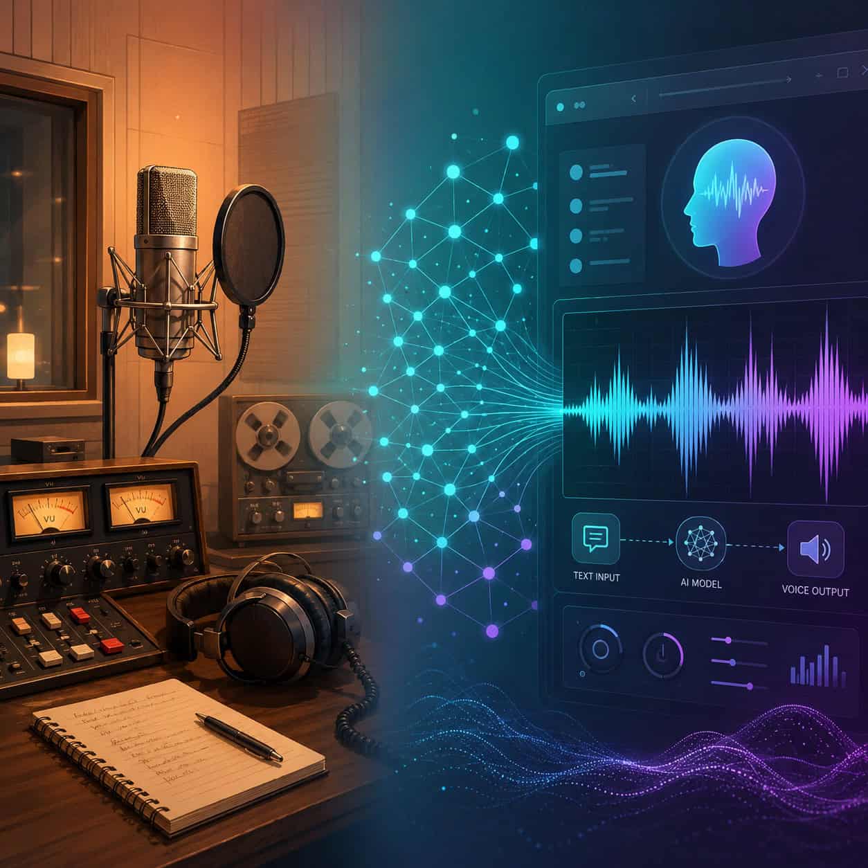 () illustration showing a split-screen comparison: on the left side a traditional voice recording booth with analog