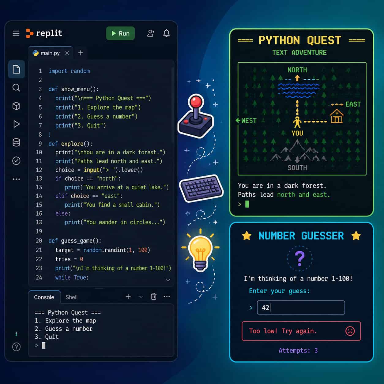 () illustration showing a split-screen composition: left side displays a Replit IDE interface with Python code visible for a