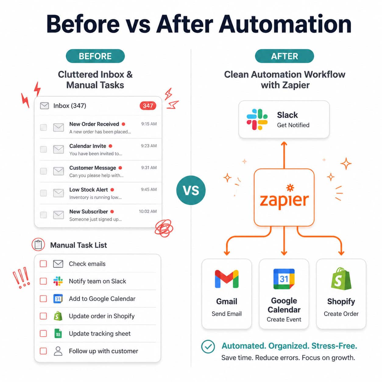 () illustration showing a split-screen concept: left side displays a cluttered inbox and manual task list with red stress
