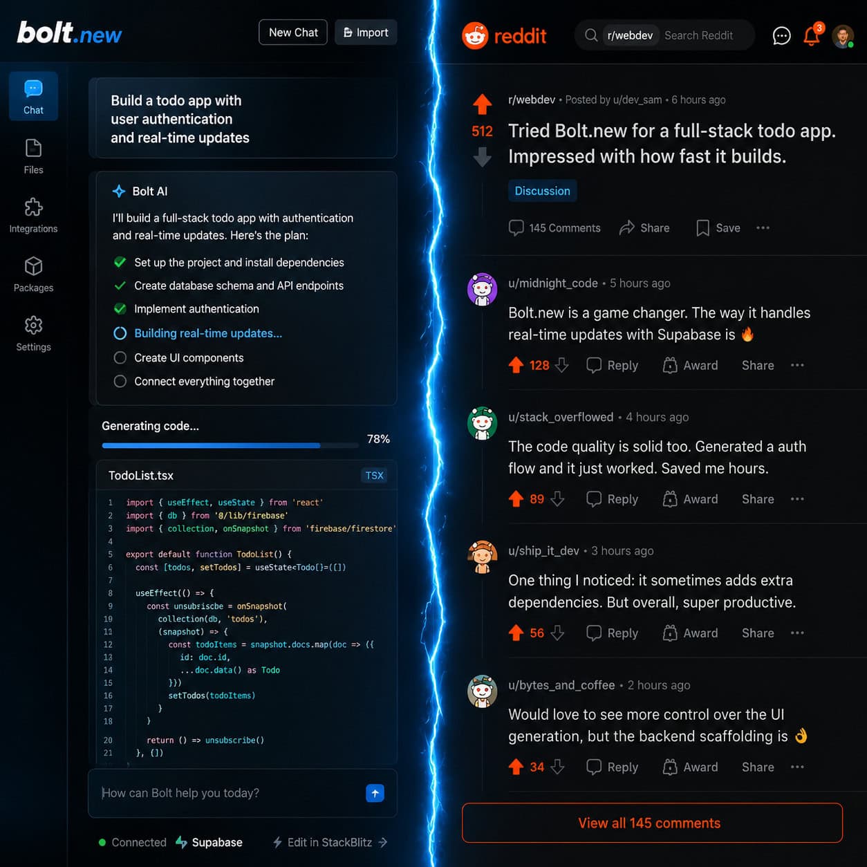 () illustration showing a split-screen concept: left side displays the Bolt.new AI interface with code generation in