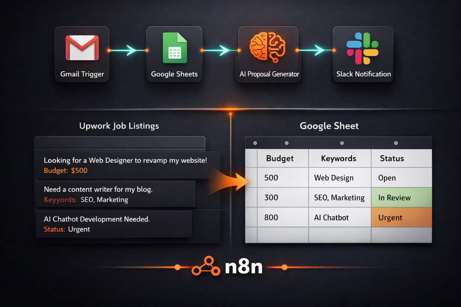 () illustration showing an n8n workflow diagram with labeled nodes: Gmail trigger, Google Sheets, AI proposal generator,