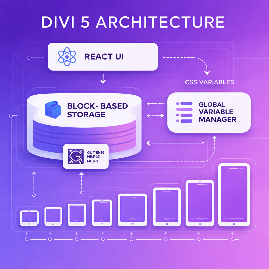() illustration showing the Divi 5 architecture diagram with React UI layer, block-based storage connecting to Gutenberg,
