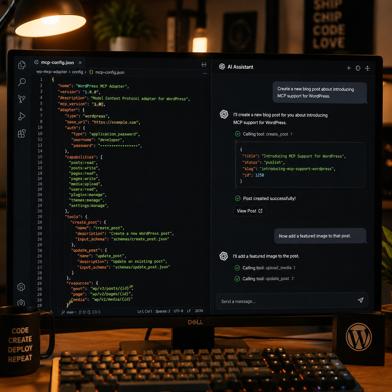 () image showing a developer's screen split into two panels: left panel displays a code editor with WordPress MCP adapter