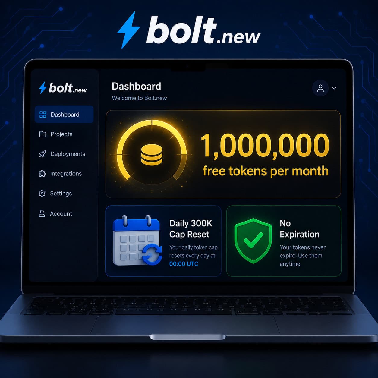 () infographic-style illustration showing a Bolt.new dashboard interface on a modern laptop screen, with a glowing token