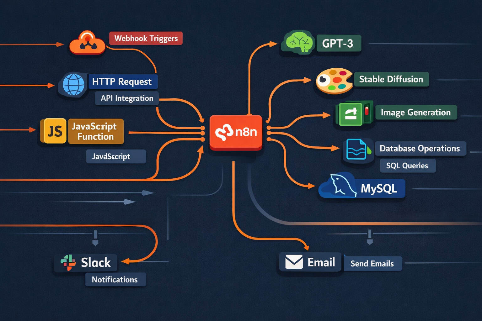 () infographic-style illustration showing a branching n8n workflow diagram with labeled nodes connecting APIs, databases,