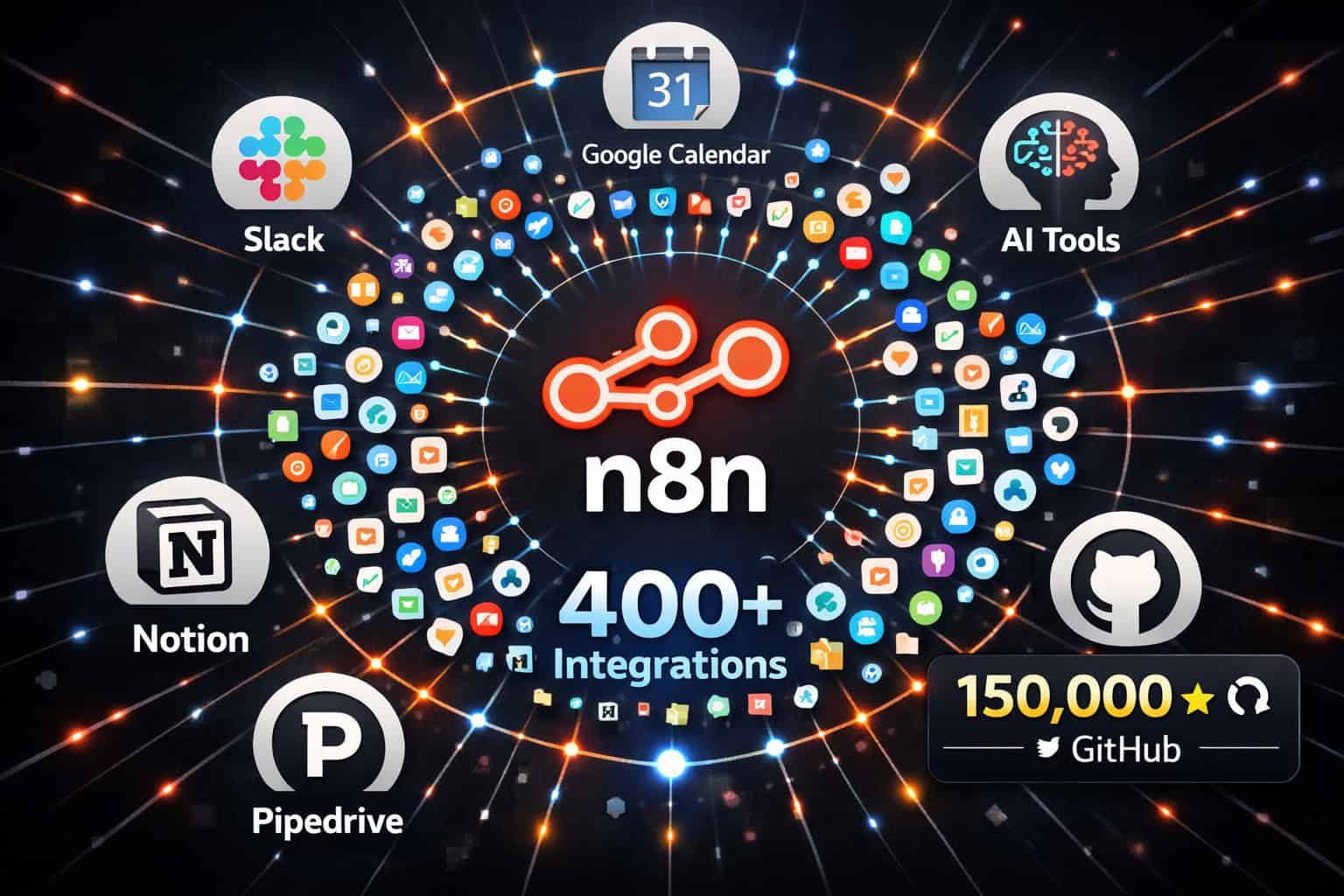 () infographic-style illustration showing the n8n platform interface with 400+ integration icons arranged in a circular