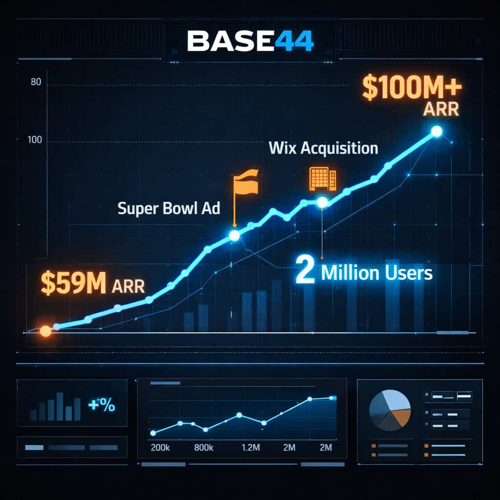 () infographic-style image showing Base44 revenue growth trajectory from $59M to Base44 revenue growth from $59M to $100M ARR00M+ ARR with upward trending line graph