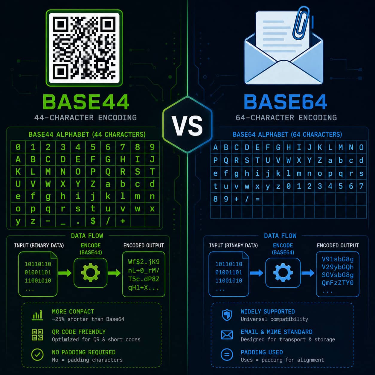 () infographic-style image showing a comparison between Base44 and Base64 encoding schemes. Left side shows Base44 with