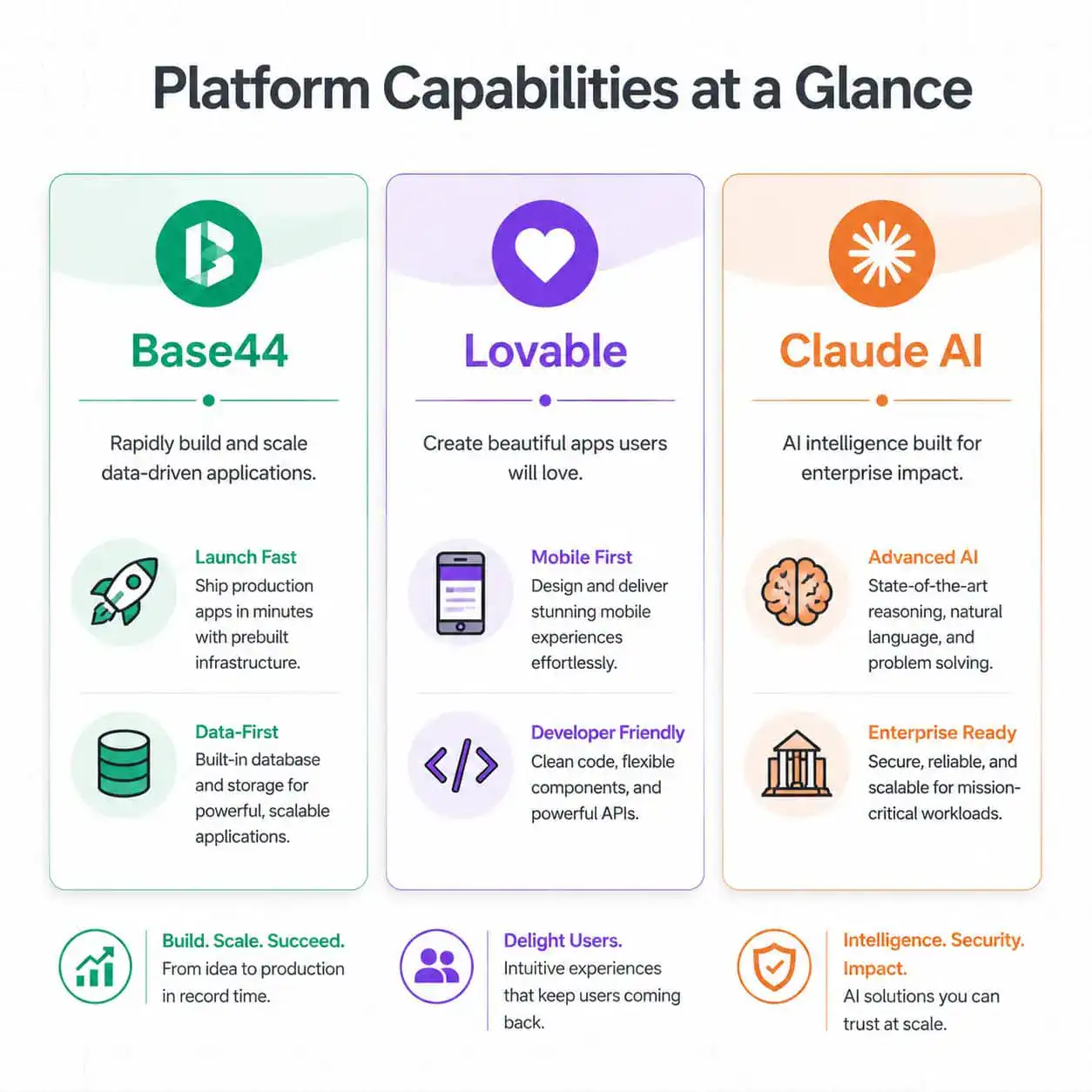 () infographic-style image showing three platform cards side by side: Base44 (green accent), Lovable (purple accent), and