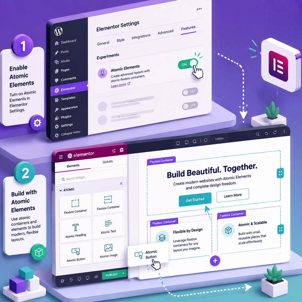 () isometric 3D illustration of a step-by-step workflow for enabling Elementor Atomic Elements: showing a stylized WordPress