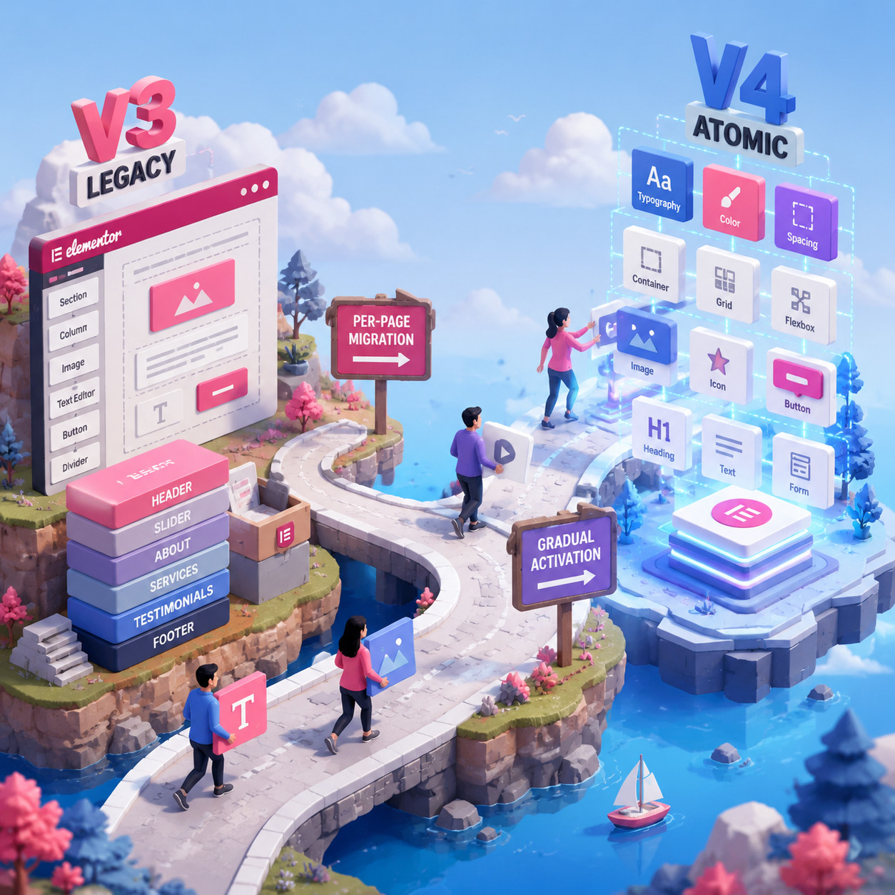 () isometric 3D illustration showing a migration pathway from Elementor v3 to v4. A winding road connects two platform