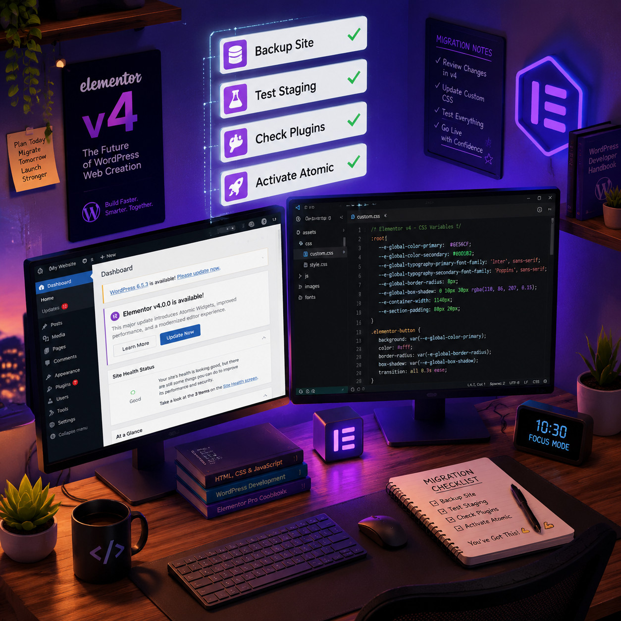 () isometric illustration of a developer workspace preparing for Elementor v4 migration. Shows a desk with dual monitors: