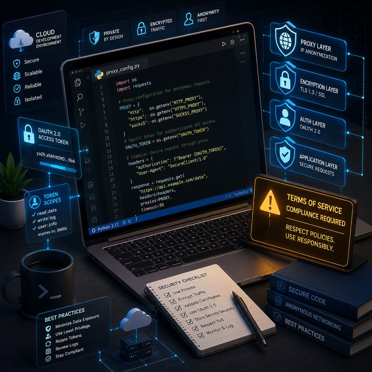 () isometric illustration of a developer workspace showing security layers: a code editor window with Python proxy code