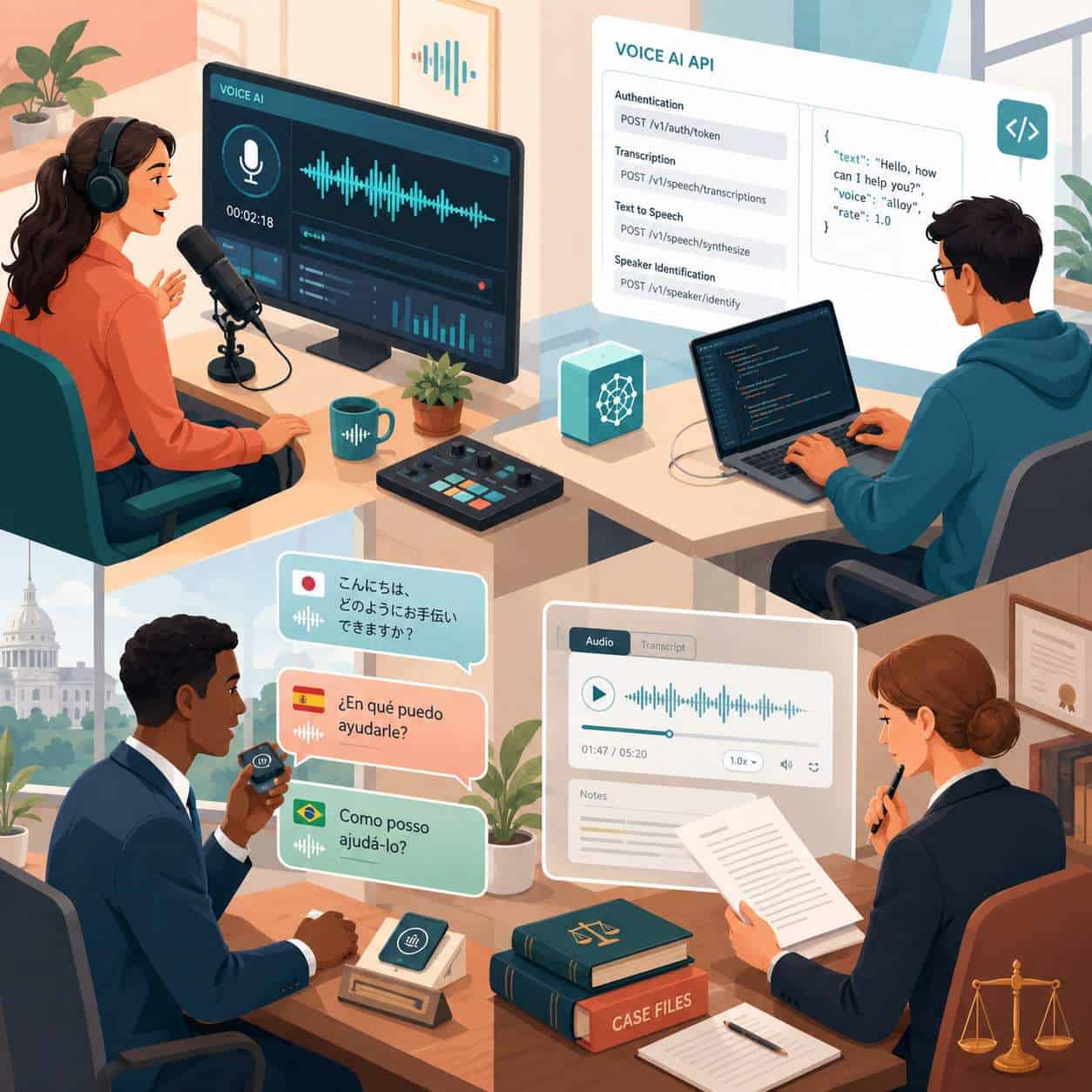 () isometric illustration of diverse professionals using voice AI technology in different settings: a podcaster at a