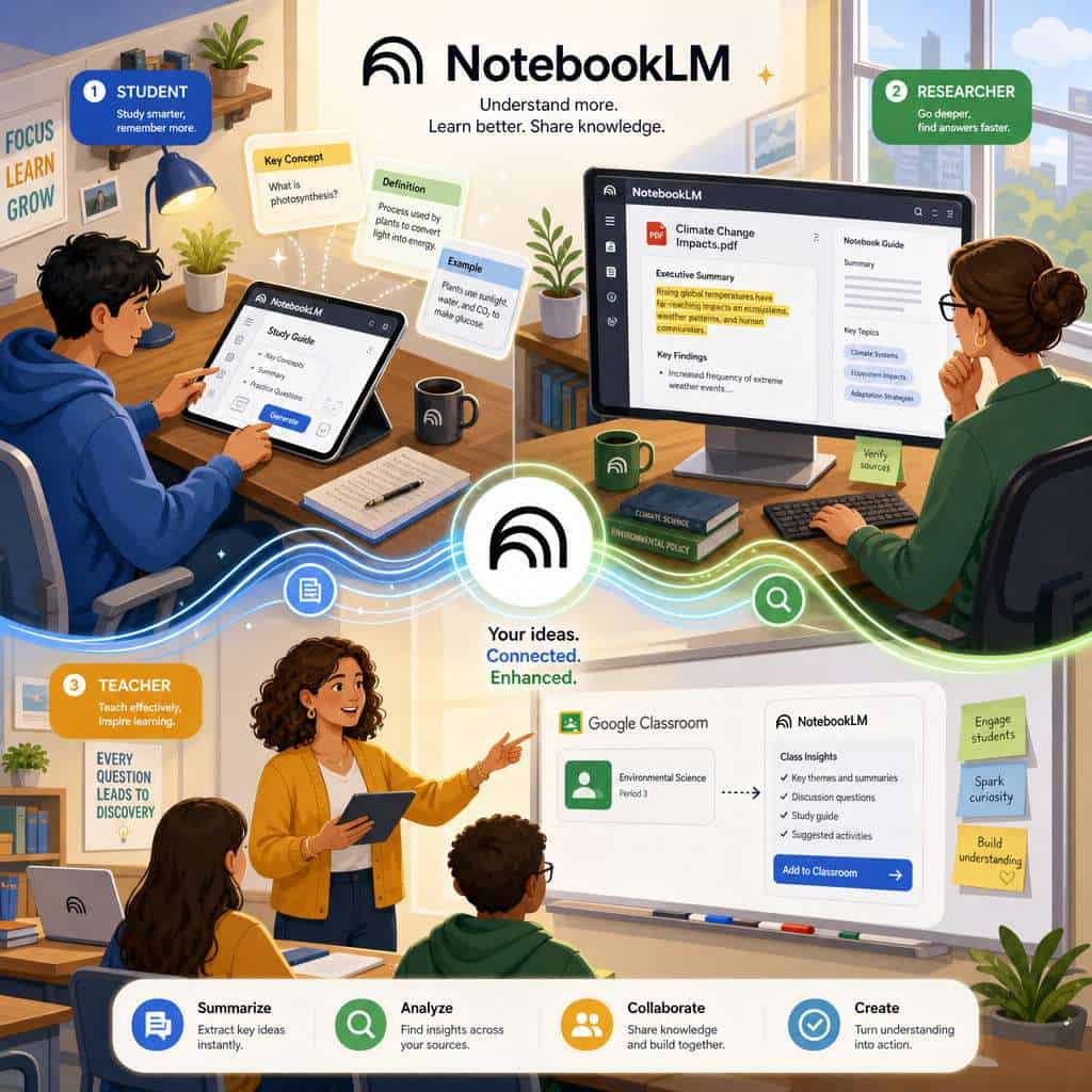 () isometric illustration of diverse users benefiting from NotebookLM: a student at a dorm desk with flashcards floating