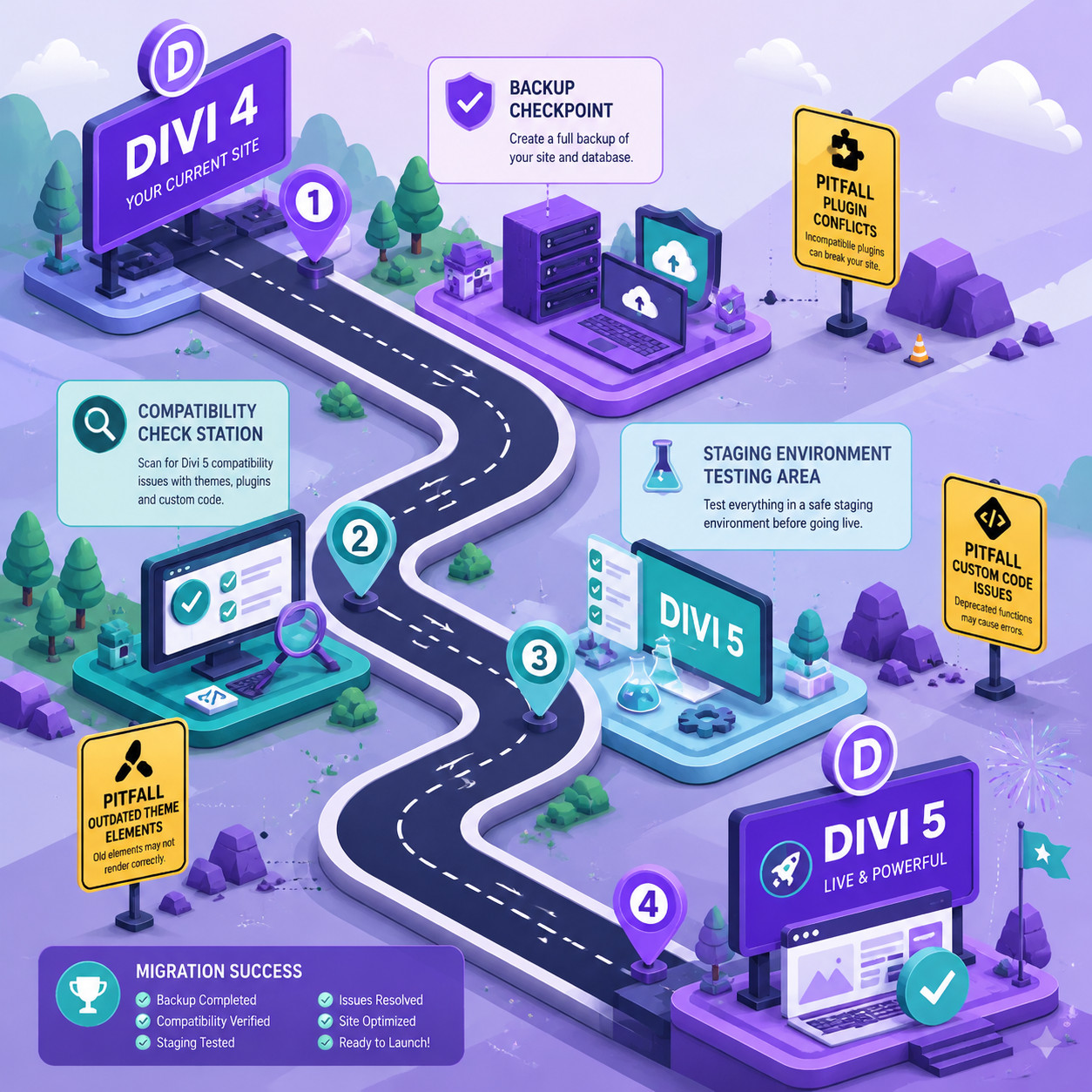 () isometric illustration showing a migration pathway from Divi 4 to Divi 5, depicted as a road with waypoints including