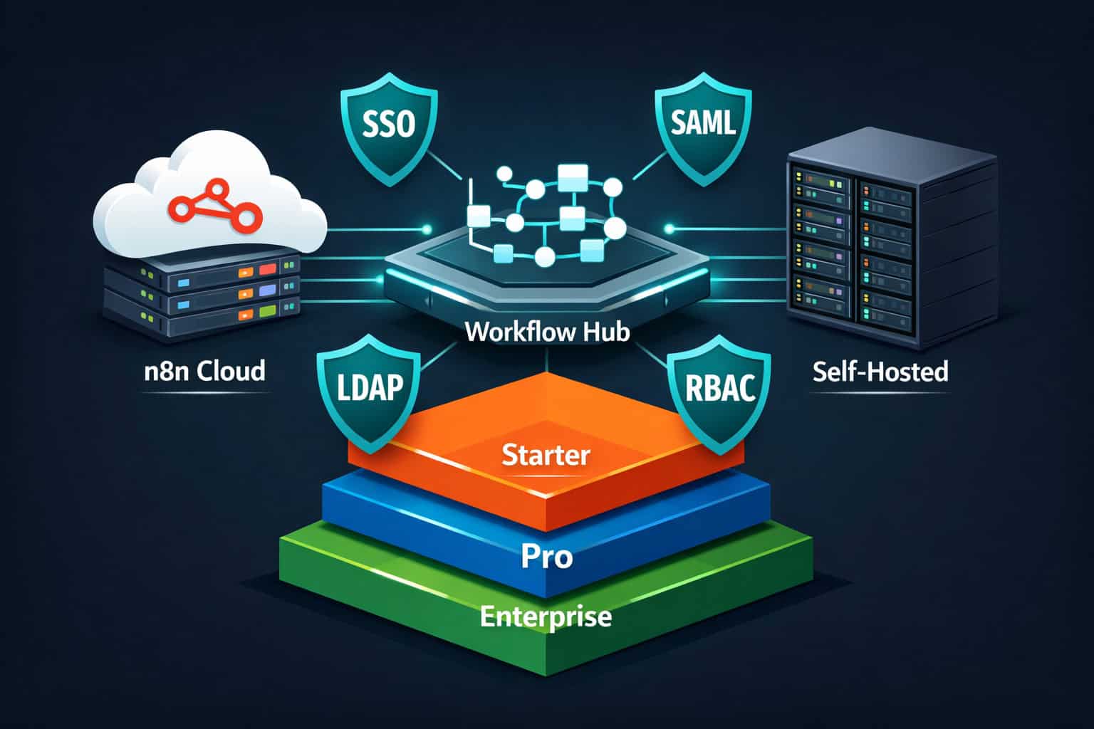 () isometric infographic showing n8n deployment architecture: a cloud server icon labeled 'n8n Cloud' on the left, an