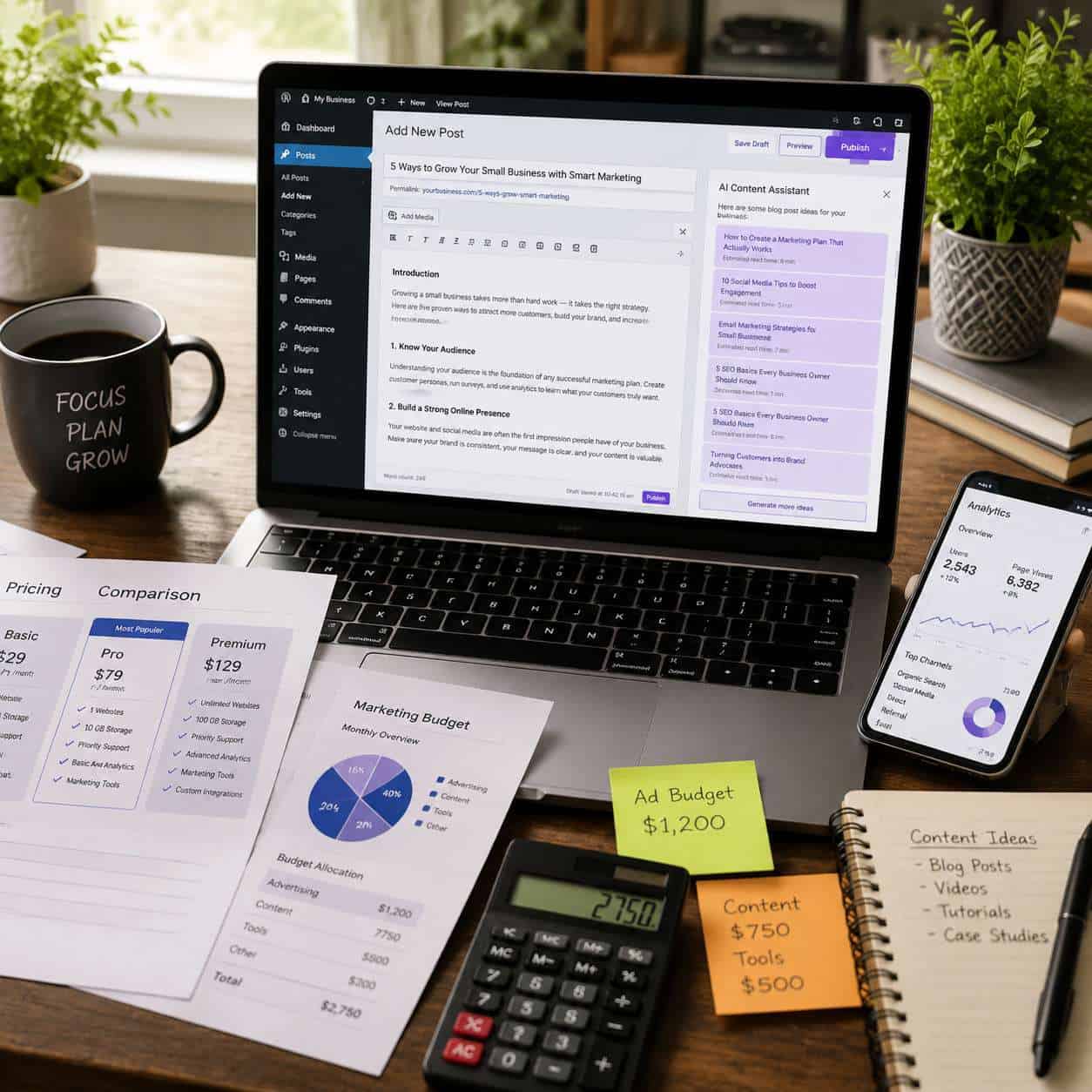 () overhead birds-eye photograph of a small business owner workspace with a laptop displaying WordPress content editor with