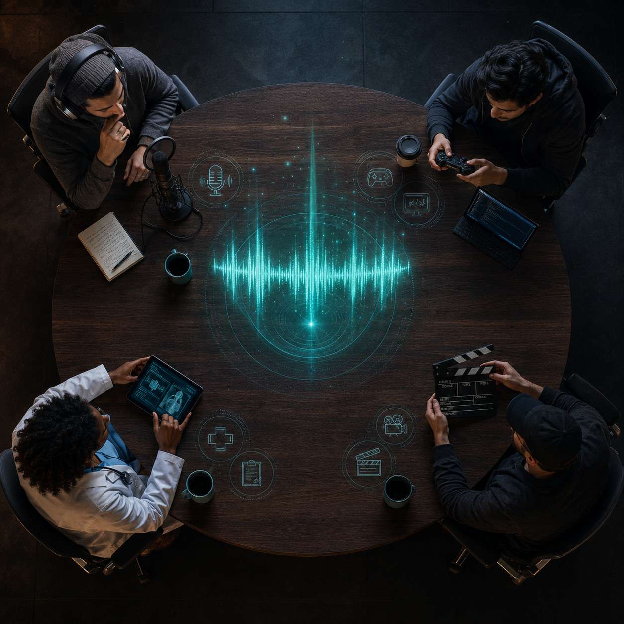 () overhead bird's-eye view of a circular conference table where representatives from different industries sit: a podcaster