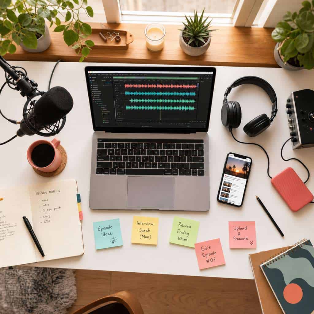 () overhead birds-eye view of a content creator's desk workspace showing a laptop screen with an audio editing timeline,