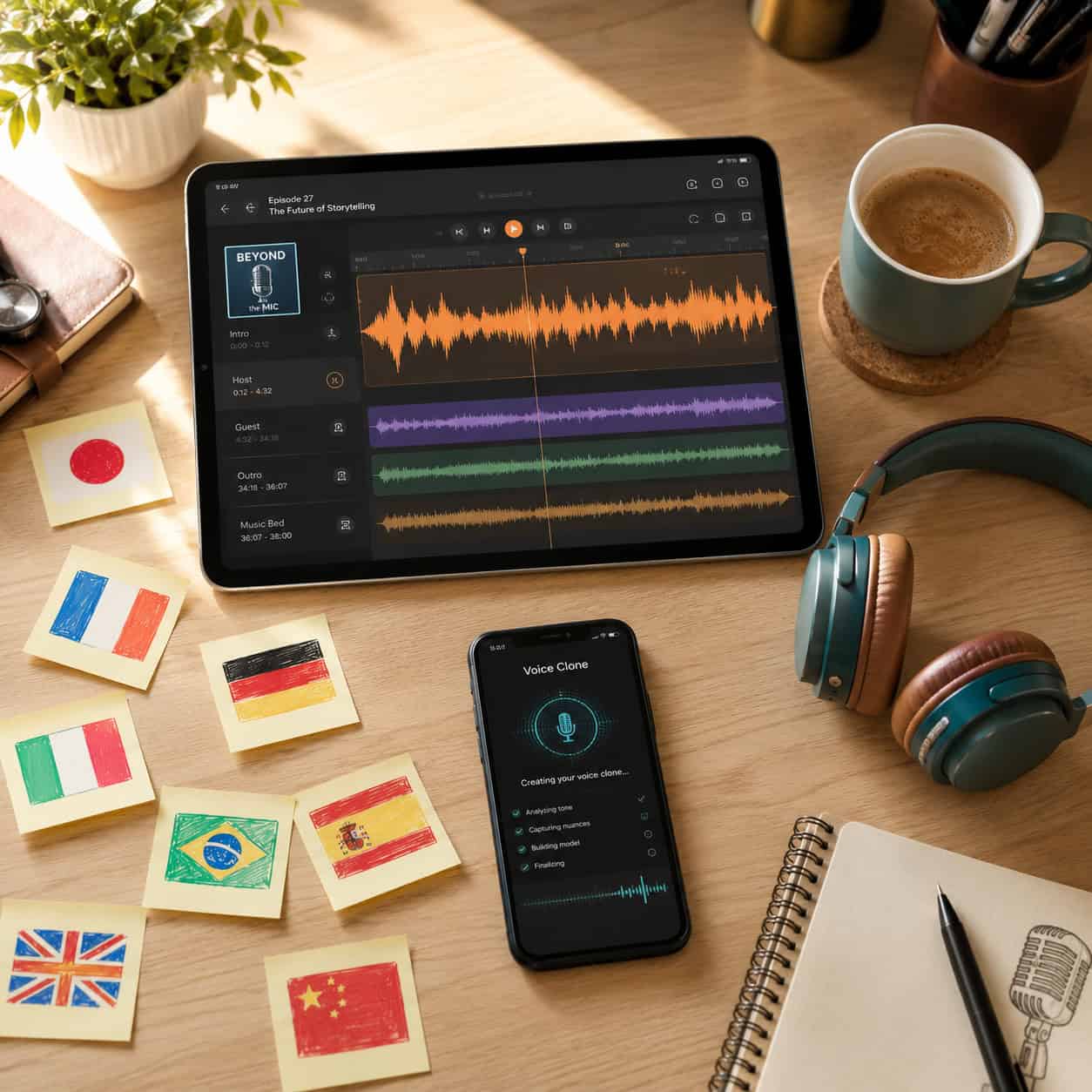 () overhead birds-eye view of a creative workspace desk showing a tablet displaying a podcast editing interface, wireless