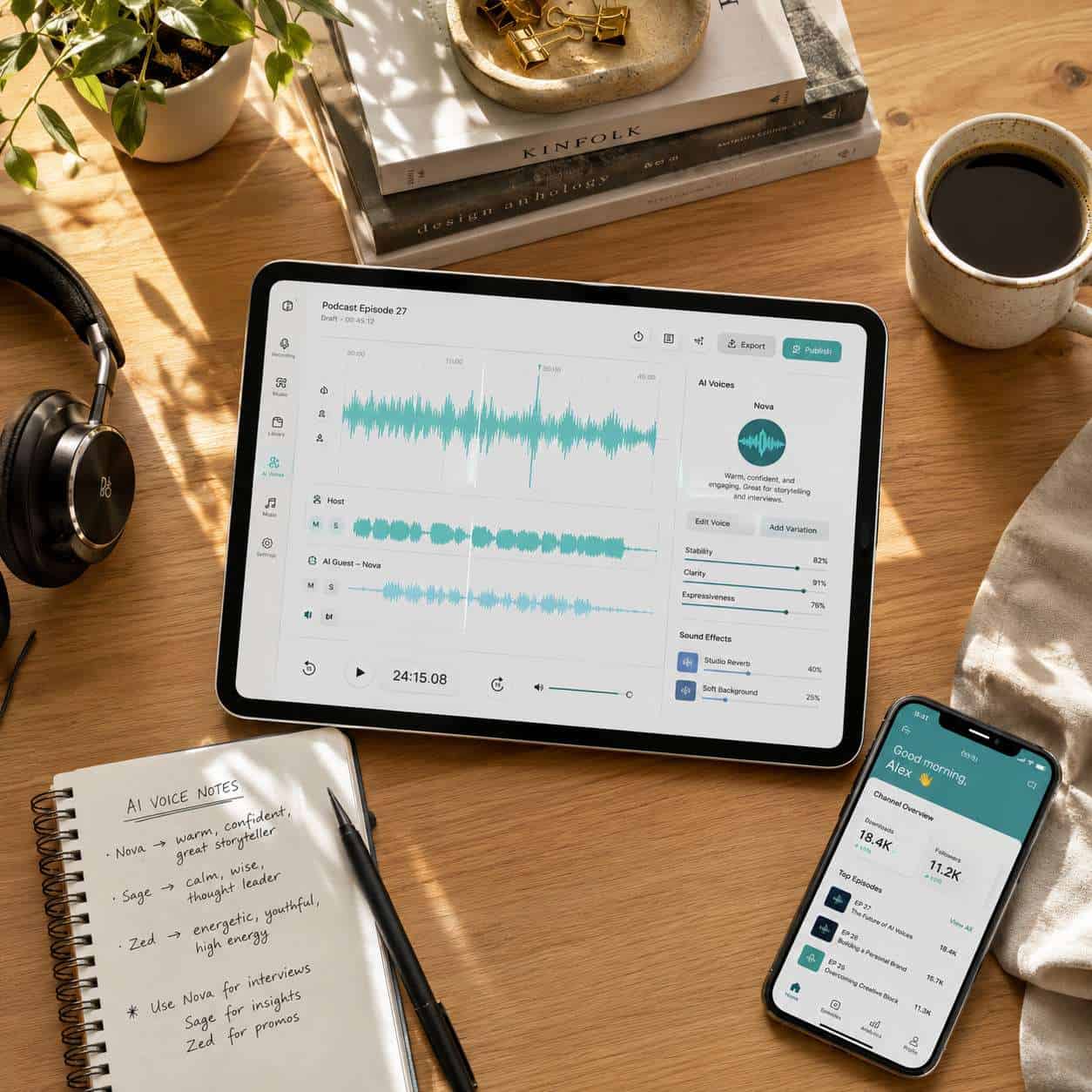 () overhead birds-eye view of a creative workspace desk showing a tablet displaying a podcast editing interface with AI