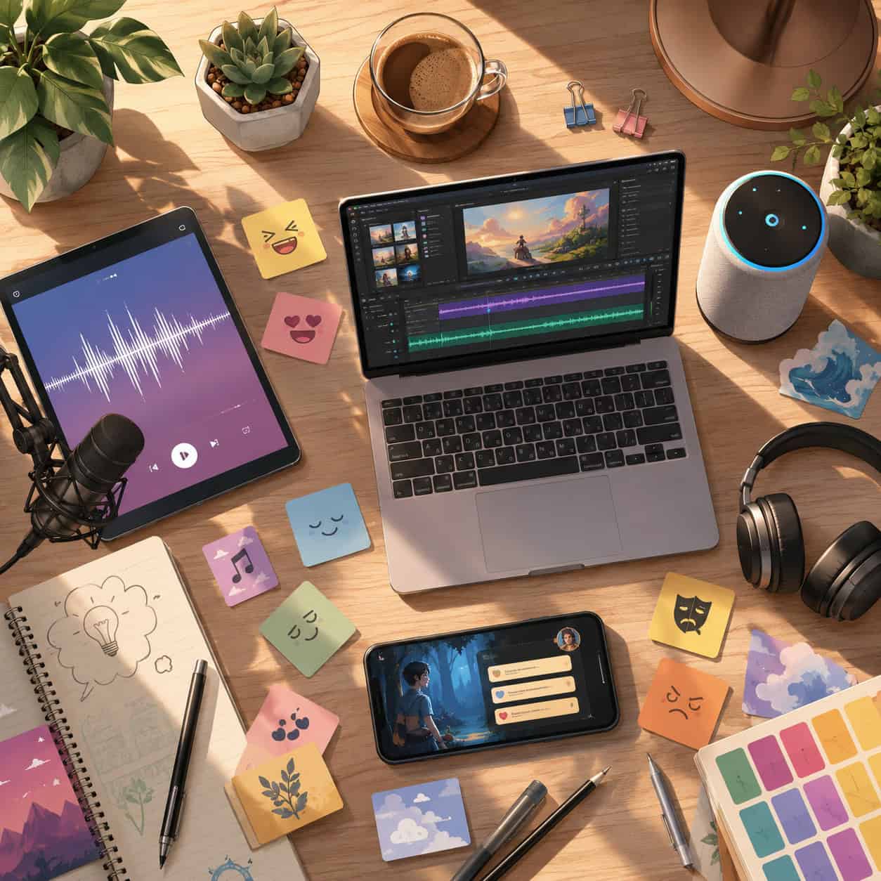 () overhead birds-eye view of a creative workspace with multiple devices showing different use cases: a tablet displaying a