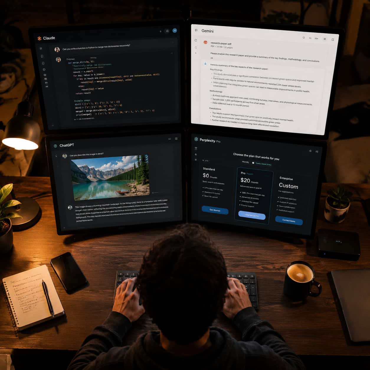 () overhead birds-eye view of a developer workspace with four monitors each displaying a different AI chat interface, one