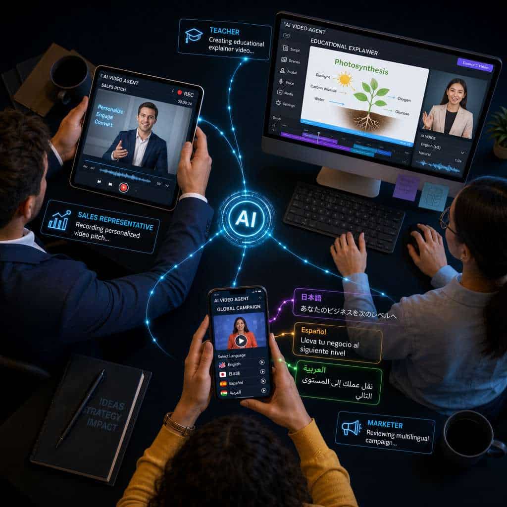() overhead birds-eye view of a diverse array of professionals using HeyGen Video Agents on different devices: a sales rep