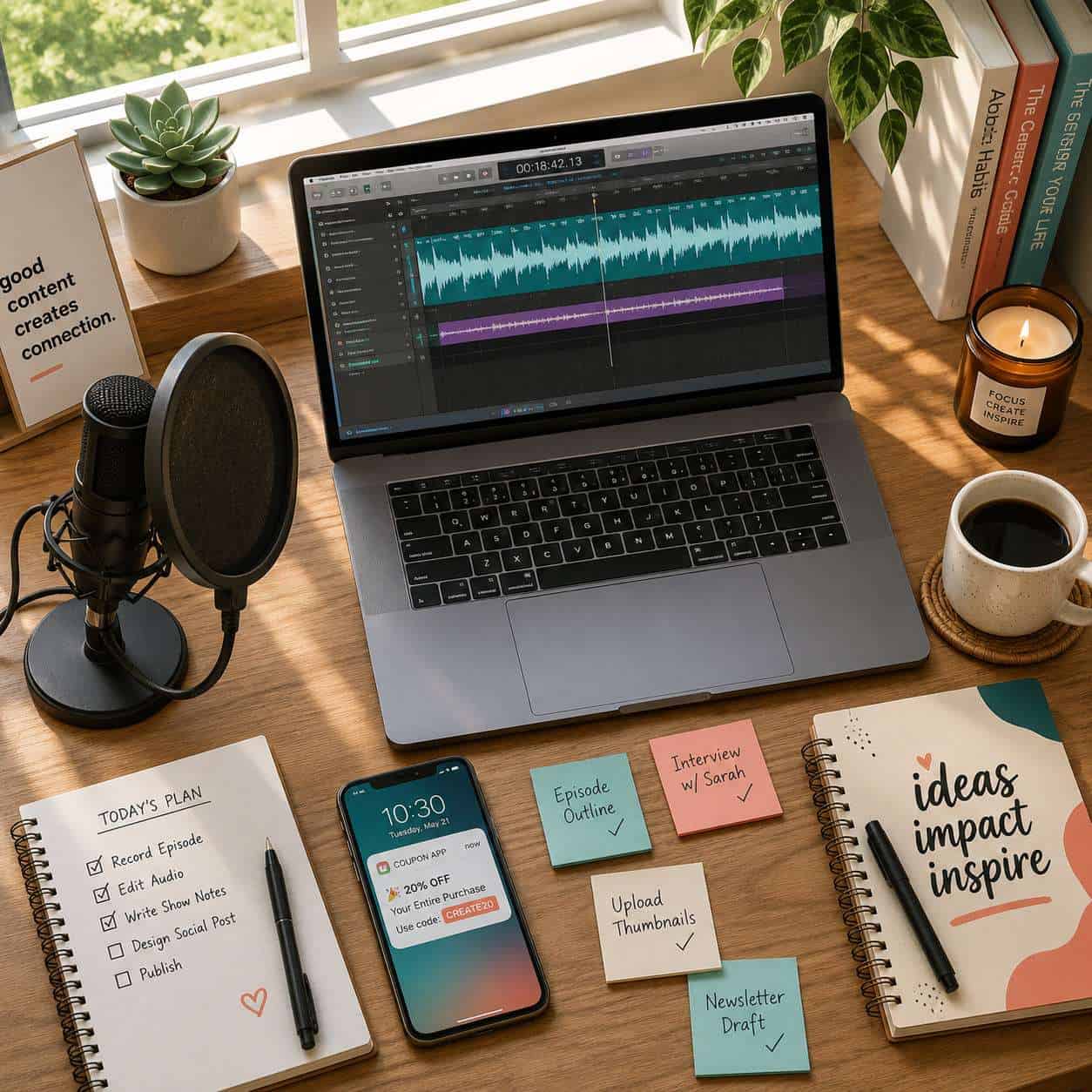 () overhead bird's-eye view photograph of a content creator's desk workspace featuring a microphone with pop filter, an open