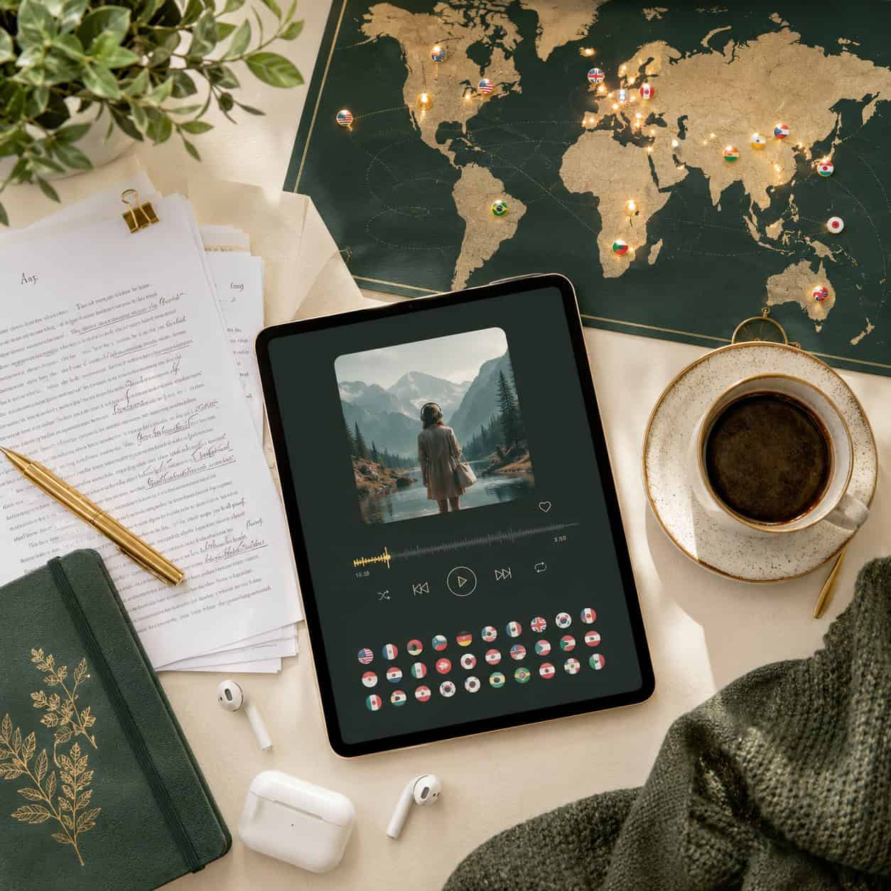 () overhead flat-lay photograph of a content creator workspace featuring a tablet displaying an audiobook app interface,