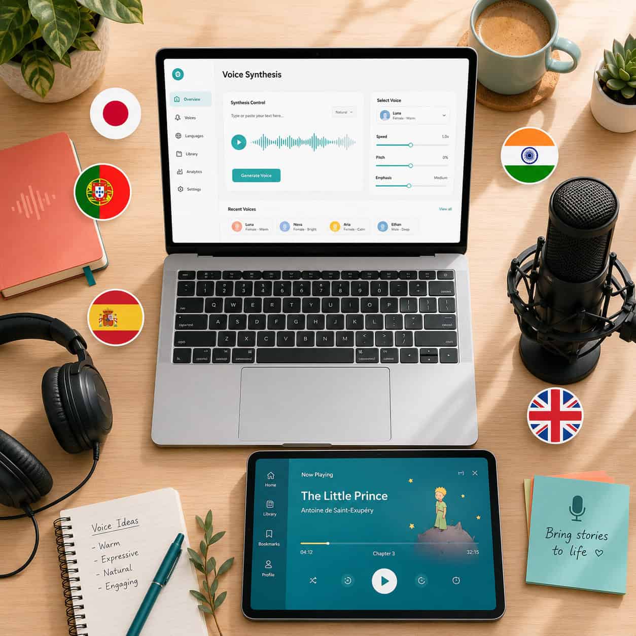 () overhead flat-lay photograph of a creative workspace showing a laptop displaying a voice synthesis dashboard with
