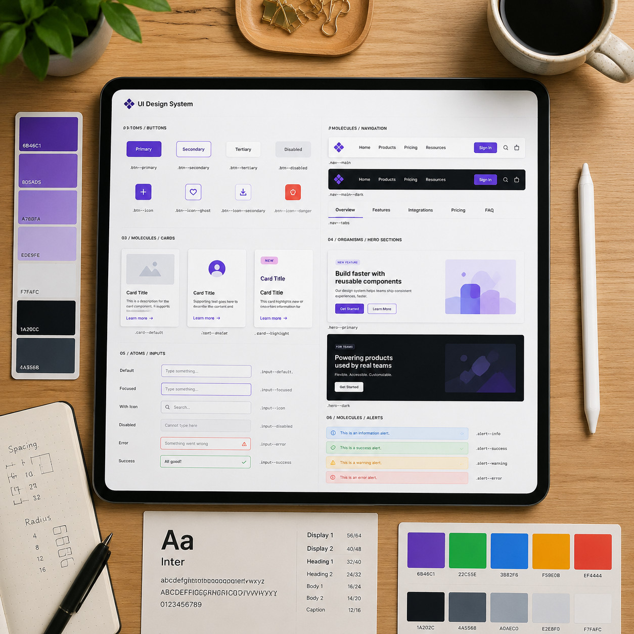 () overhead flat-lay photograph style illustration of a designer's desk with a tablet showing a design system: rows of