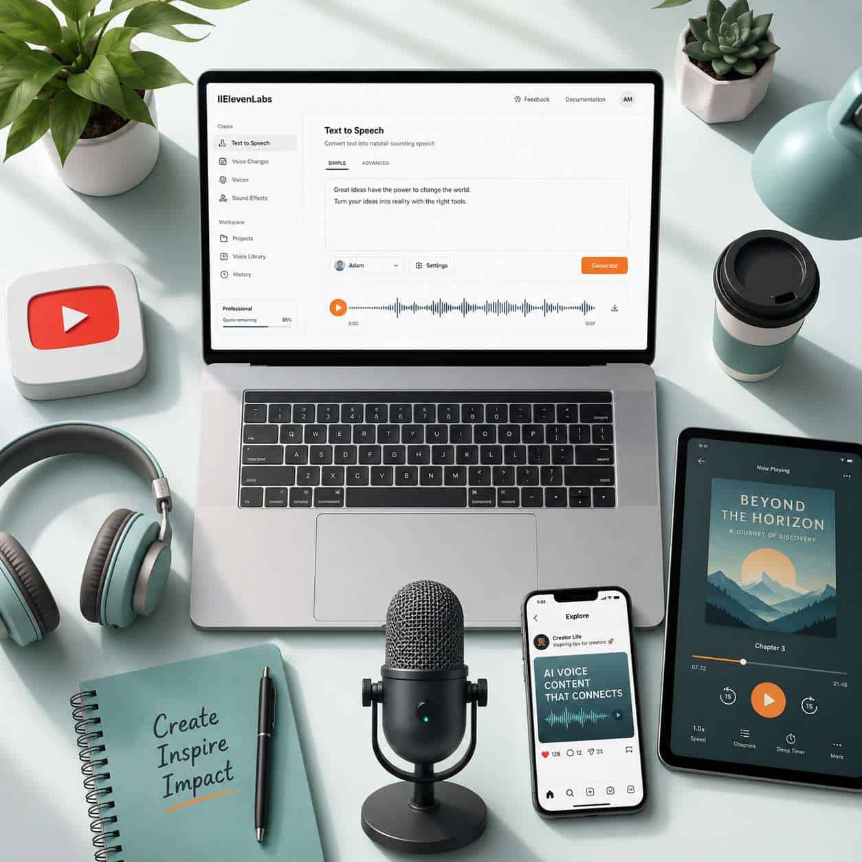 () overhead flat-lay style image of a content creator workspace featuring a laptop screen displaying an ElevenLabs-style