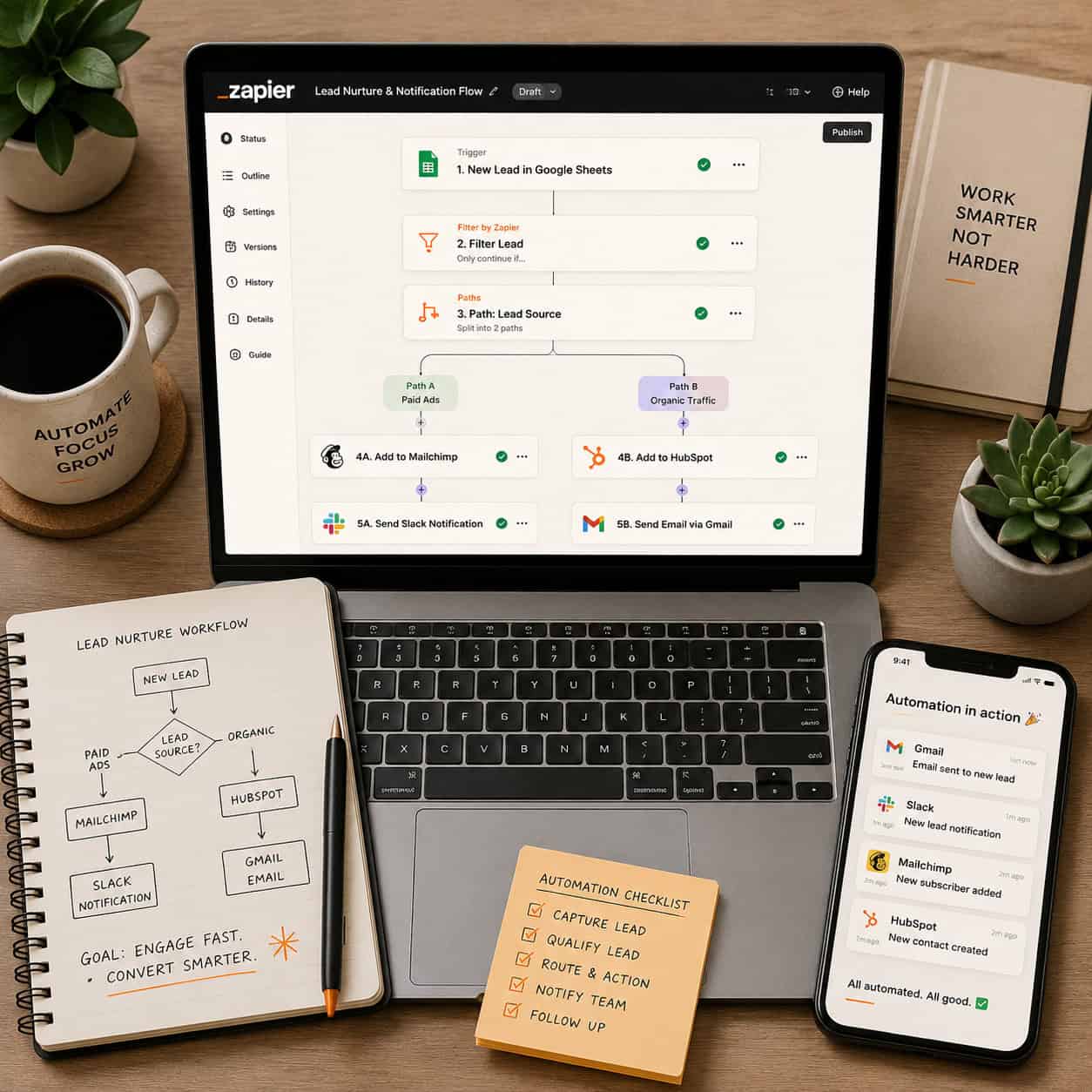 () overhead flat-lay style image of a modern desk workspace showing a laptop screen displaying a Zapier multi-step workflow