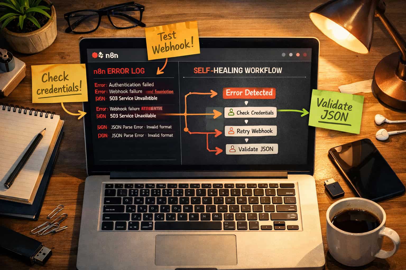 () overhead shot of a developer's desk with a laptop showing an n8n error log and a self-healing workflow diagram on screen,