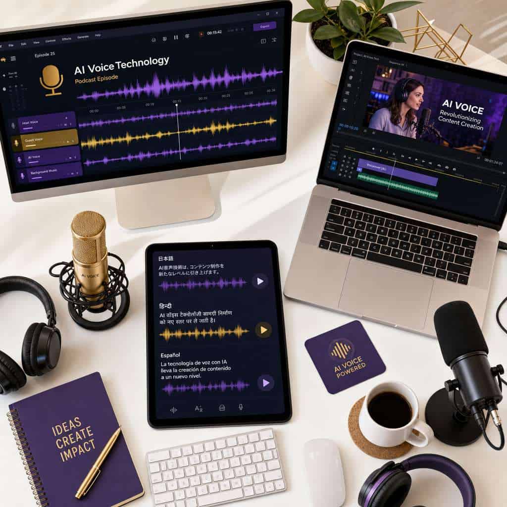 () overhead view of a diverse creative workspace with multiple screens showing different use cases of AI voice technology: