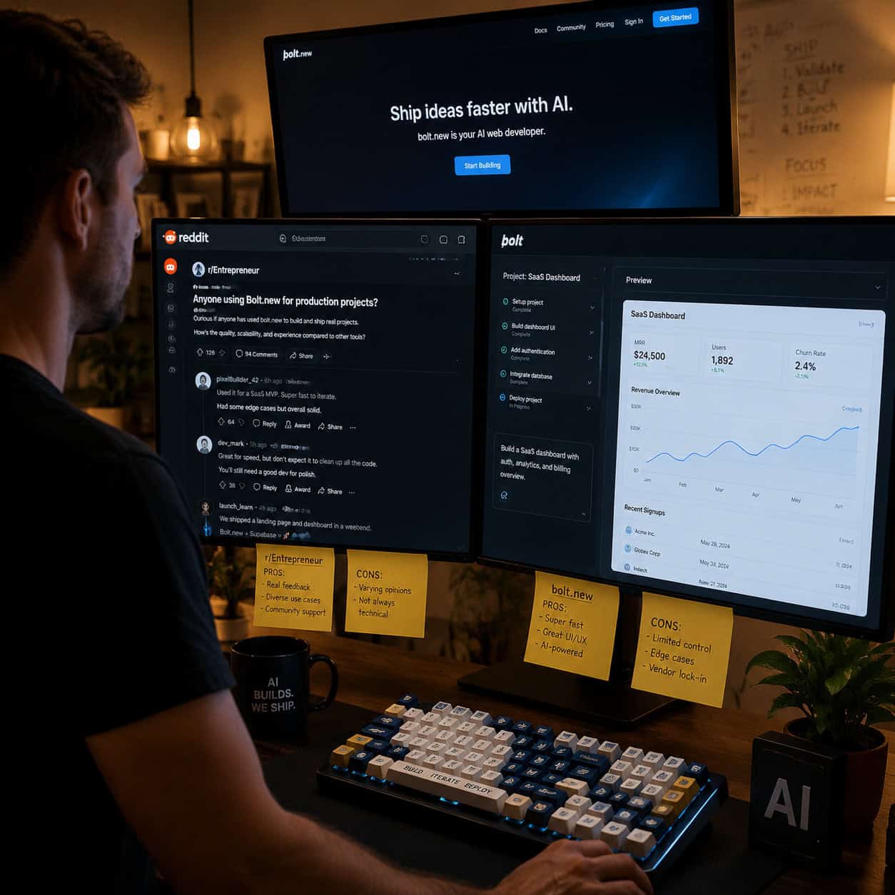 () scene showing a developer at a standing desk with multiple monitors displaying Reddit community threads and Bolt.new