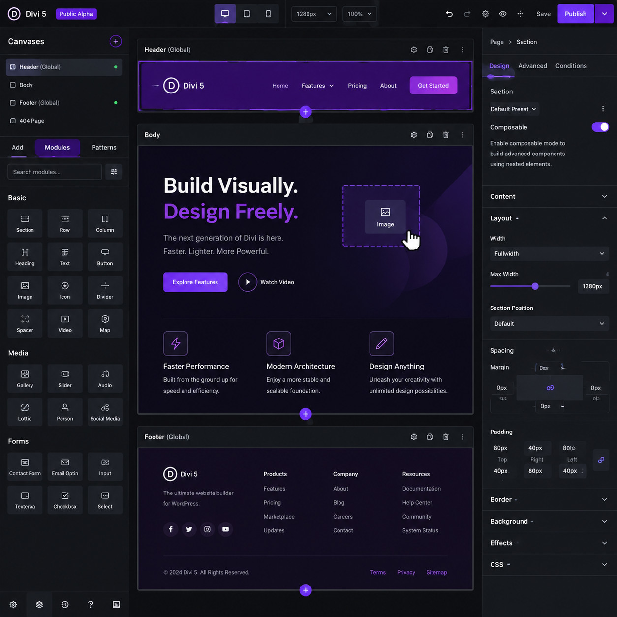 () screenshot-style illustration of the Divi 5 Canvases Editor workspace showing multiple design canvases open
