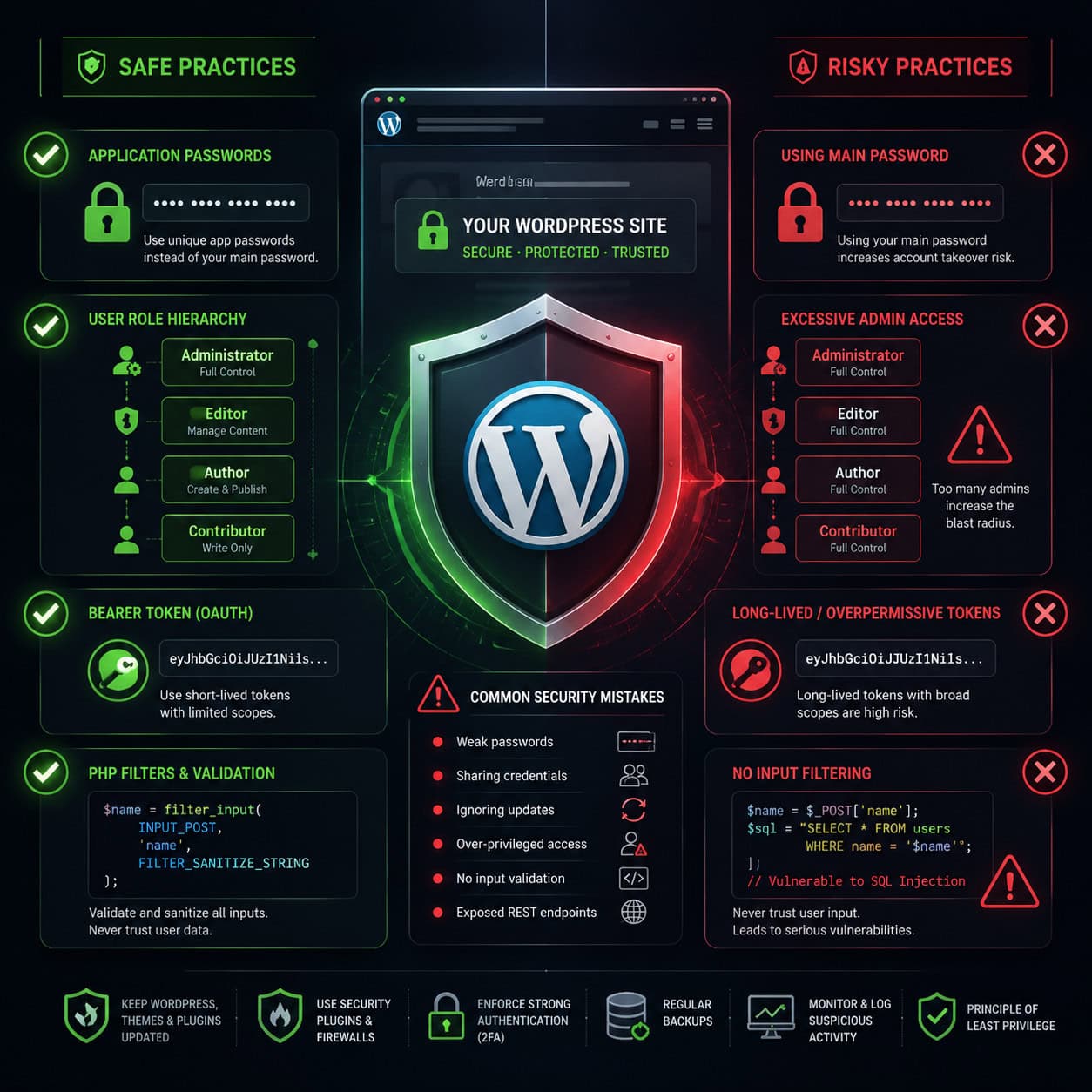 () security-focused illustration showing a WordPress site protected by a shield icon in the center. Around the shield: lock