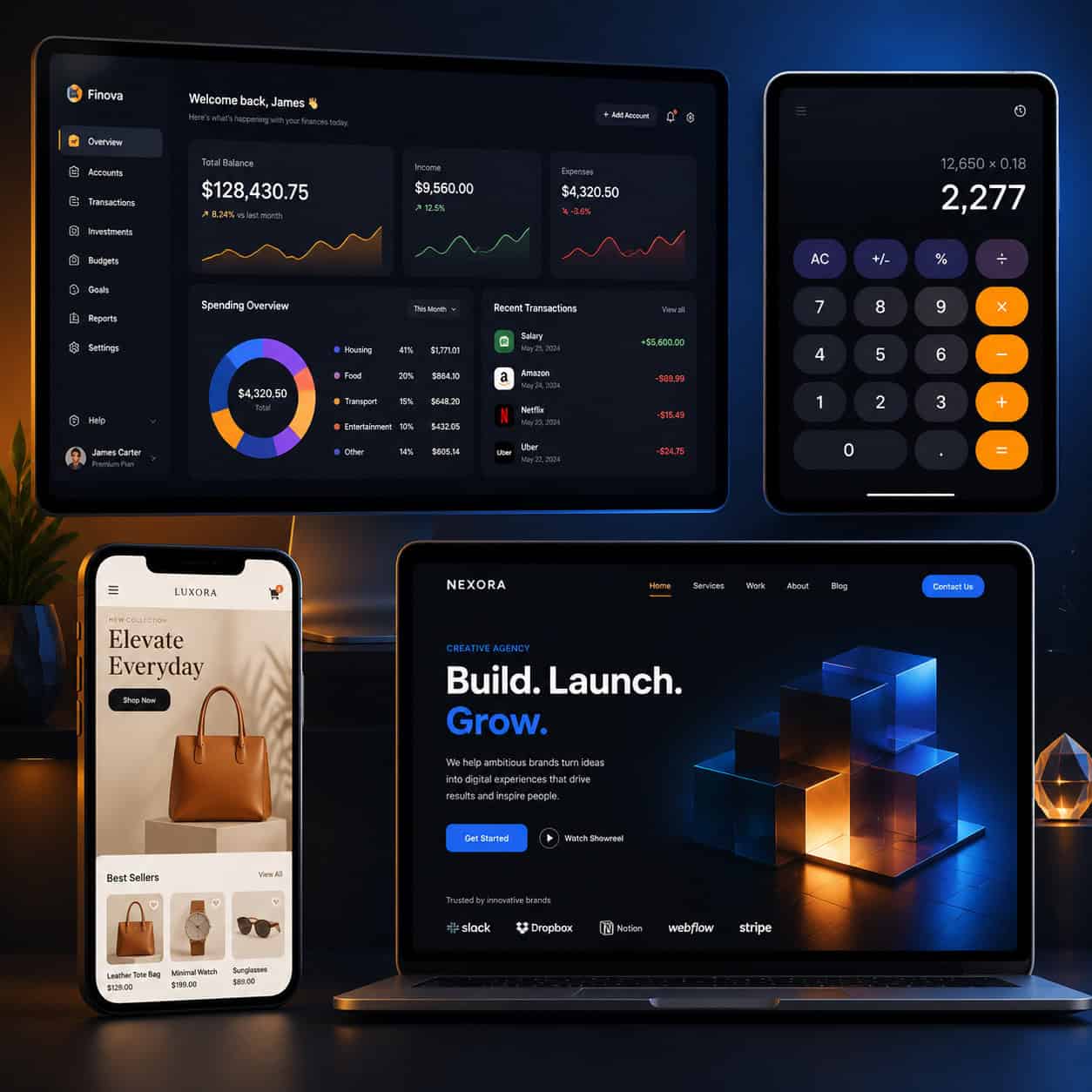 () showcase collage of four distinct AI-generated UI designs arranged on a dark charcoal background: a finance dashboard