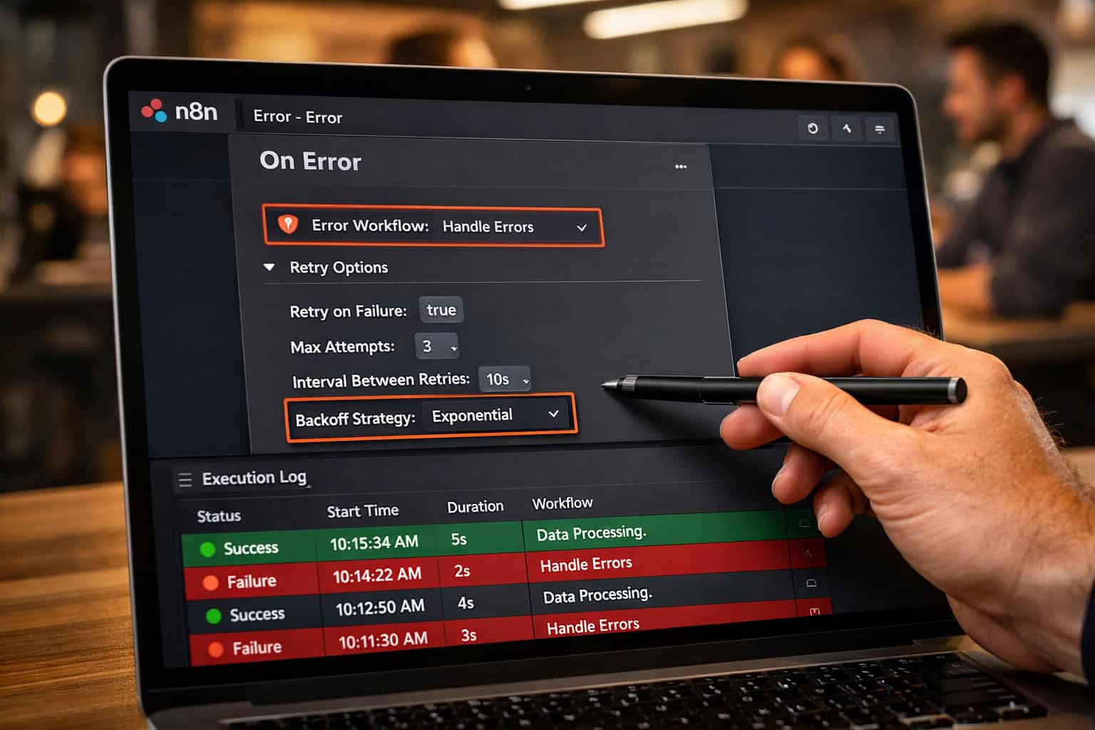 () showing a close-up of a laptop screen displaying n8n's error handling configuration panel with highlighted 'On Error'