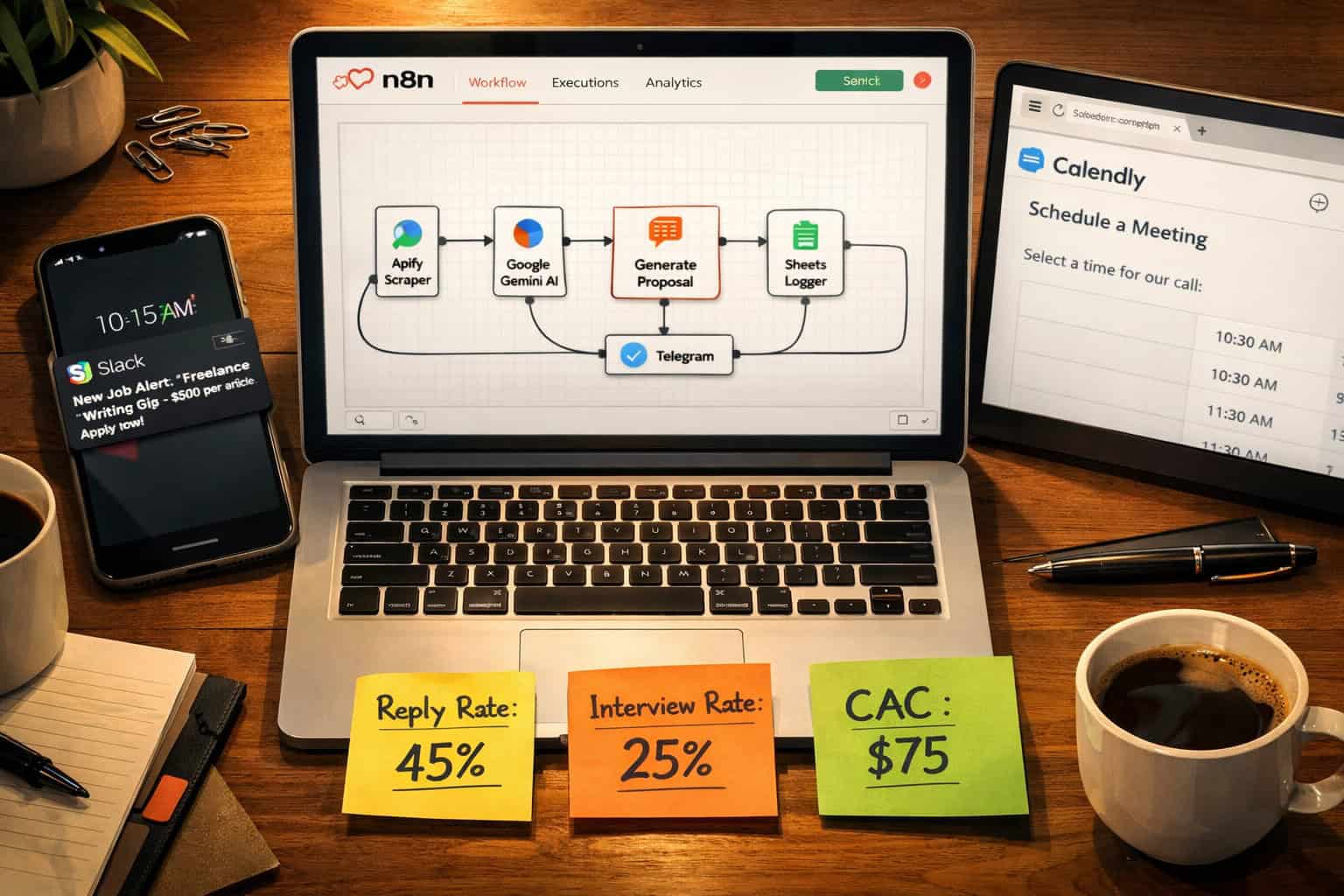 () showing a top-down view of a freelancer's automation command center: laptop displaying an n8n canvas with proposal