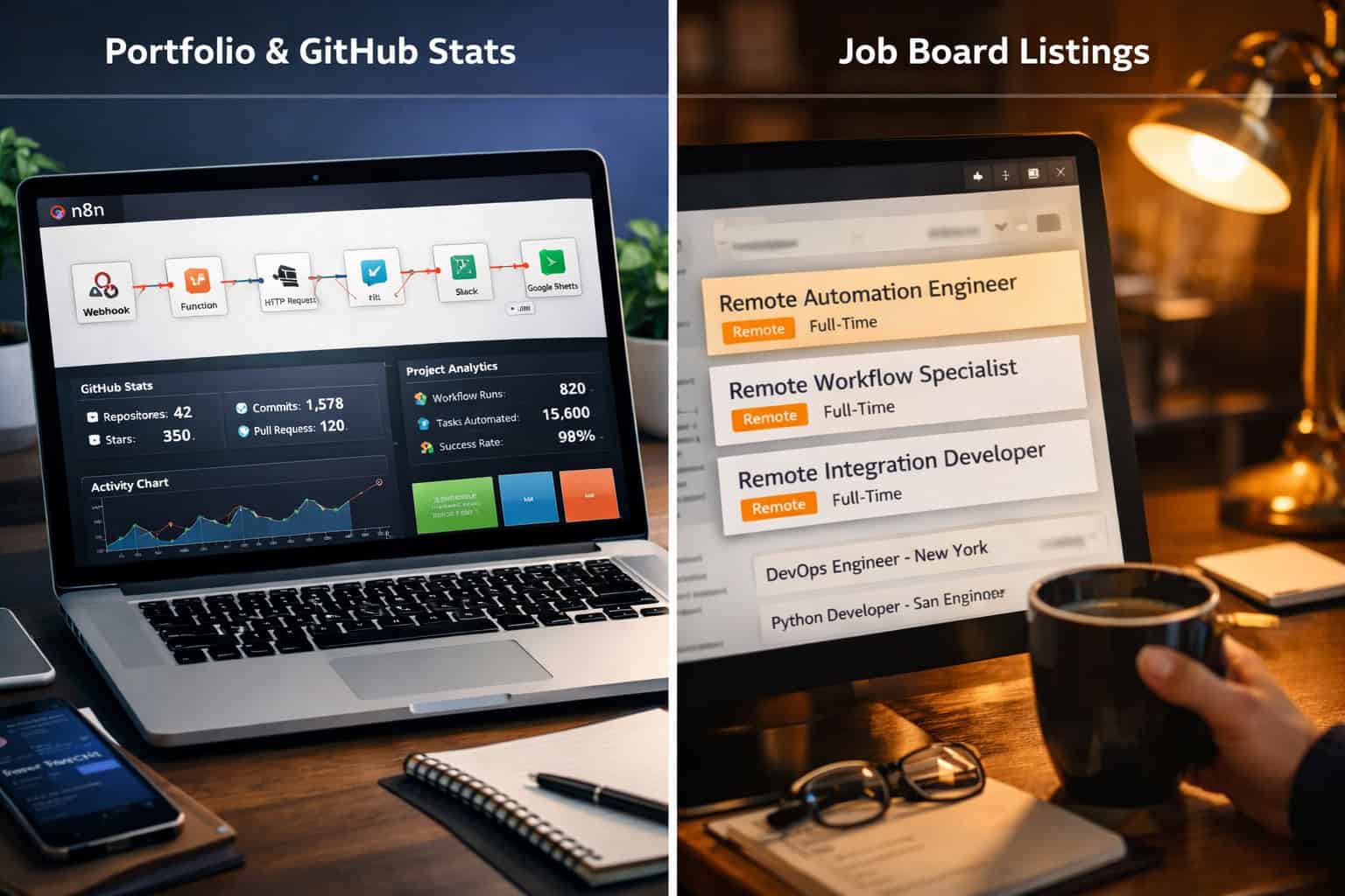 () side-by-side comparison visual showing two professional profiles on a split screen: left side displays a polished