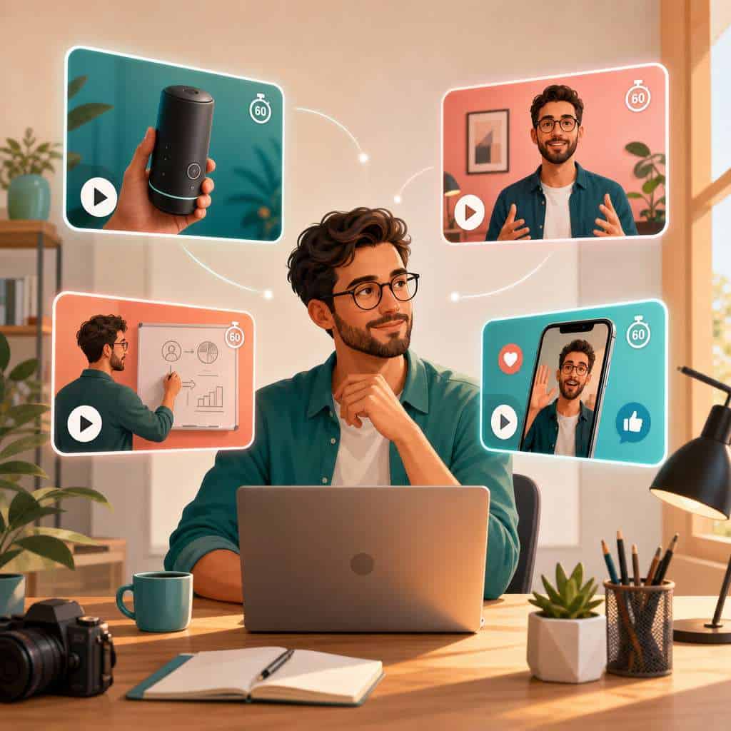 Detailed () conceptual illustration showing a person at a desk creating different types of short videos represented as