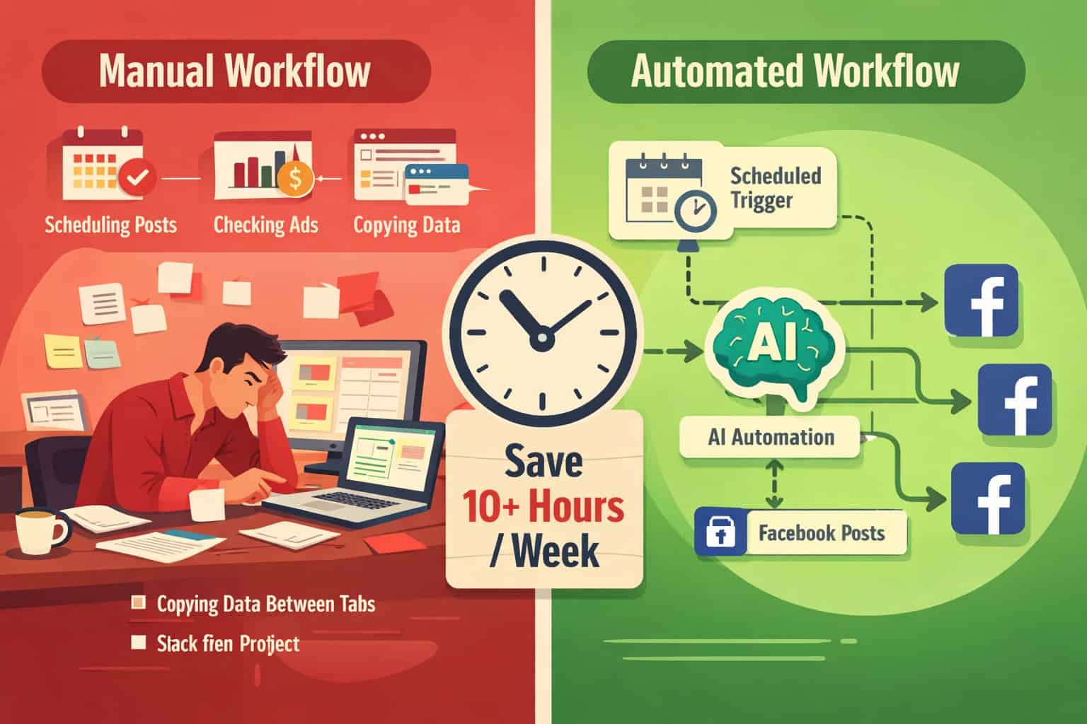 () split comparison infographic showing manual vs automated Facebook workflow side-by-side. Left panel (red-tinted): person