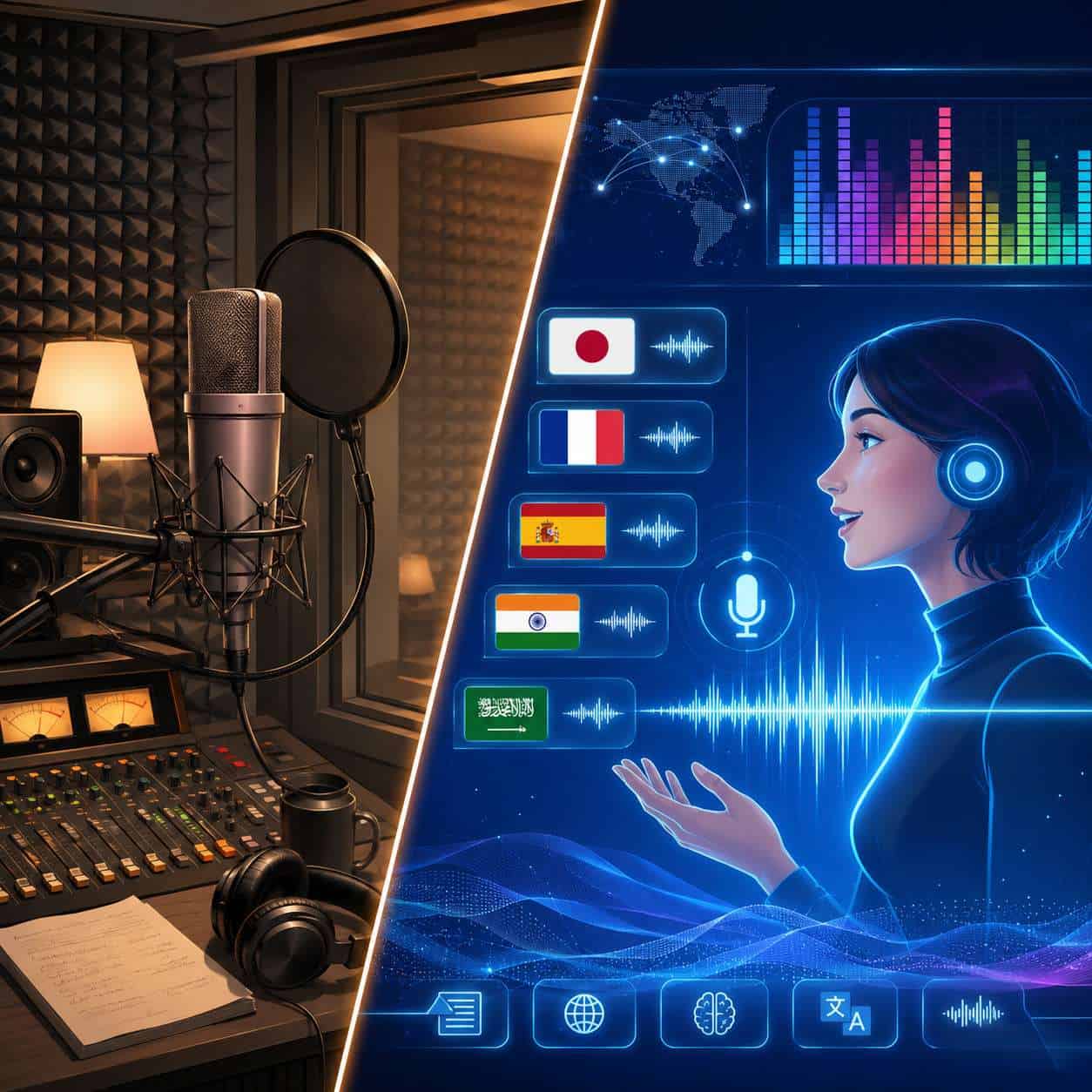 () split comparison infographic-style illustration showing on the left side a traditional recording studio with microphone