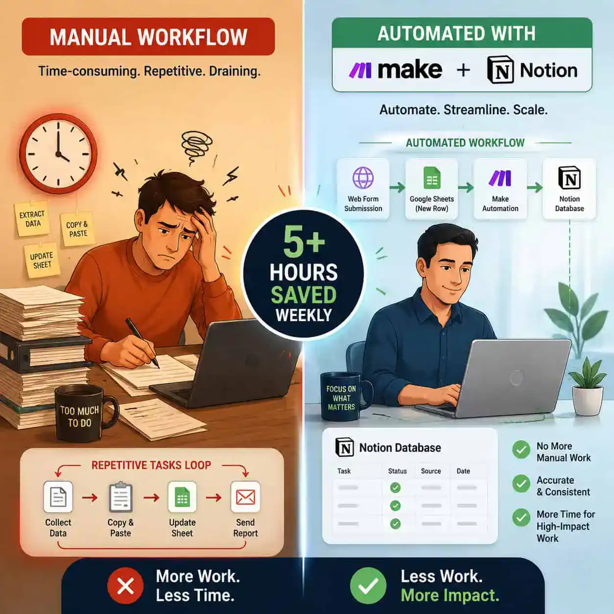 () split comparison visual showing two contrasting workflow scenarios: left panel labeled 'Manual Workflow' shows a stressed